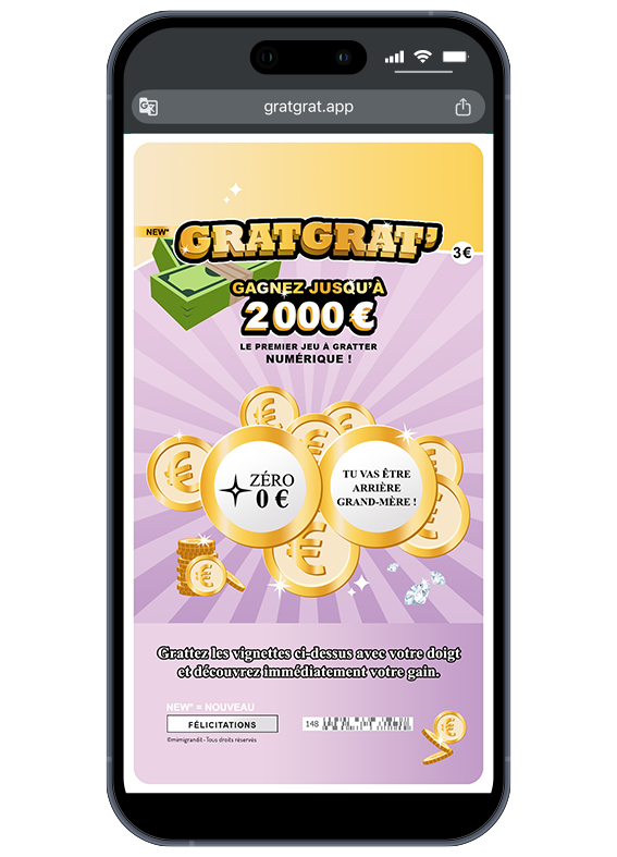 L'annonce d'une très grande nouvelle à la future arrière-grand-mère. Faux jeu à gratter numérique annonce grossesse GratGrat pour future arrière-grand-mère sur fond mauve.