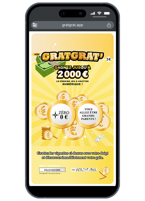 Gagnez le gros loto de l'émotion avec les futurs grands-parents. Faux jeu à gratter numérique annonce grossesse GratGrat pour futurs grands-parents sur fond jaune.
