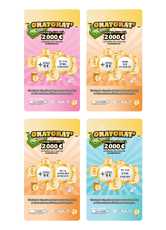 Différents coloris et intitulés selon le modèle choisi. Faux jeu à gratter numérique annonce grossesse GratGrat variations de couleurs jumeaux cousine bébé.