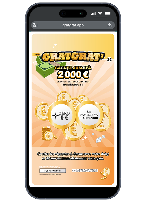Un message collectif et joyeux pour toute la famille. Faux jeu à gratter numérique annonce grossesse GratGrat texte La famille va s'agrandir sur fond orange.