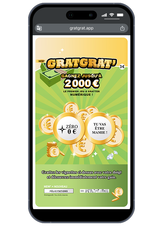 La surprise dévoilée après le grattage tactile pour la future mamie. Faux jeu à gratter numérique annonce grossesse GratGrat pour future mamie.