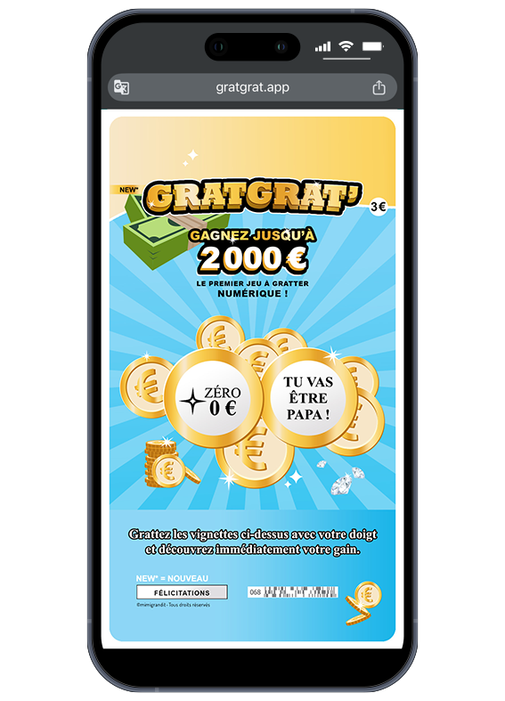 La plus belle des surprises pour le futur papa. Faux jeu à gratter numérique annonce grossesse GratGrat pour futur papa sur fond bleu.