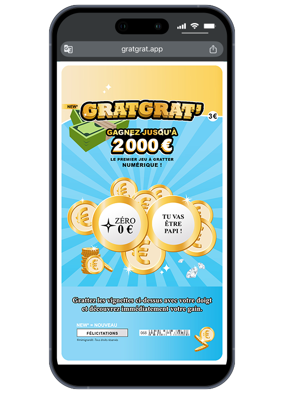 La révélation en direct sur le smartphone du futur papi. Faux jeu à gratter numérique annonce grossesse GratGrat pour futur papi sur fond turquoise.