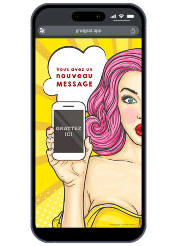 Jeu à gratter virtuel sur smartphone pour annonce de grossesse style Pop Art avec zone Grattez ici.