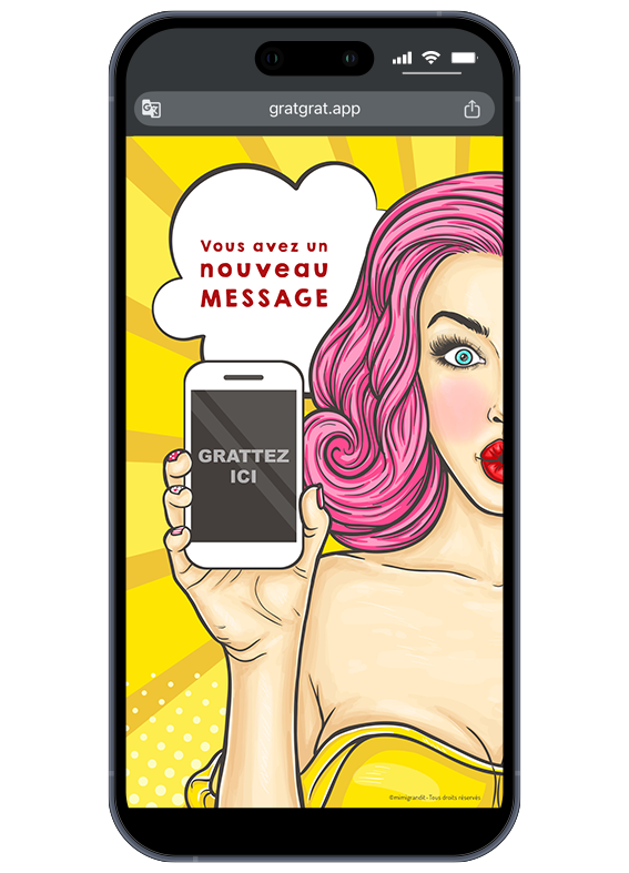 Carte de grossesse numérique avant grattage avec pastille grise sur téléphone. Jeu à gratter virtuel sur smartphone pour annonce de grossesse style Pop Art avec zone Grattez ici.
