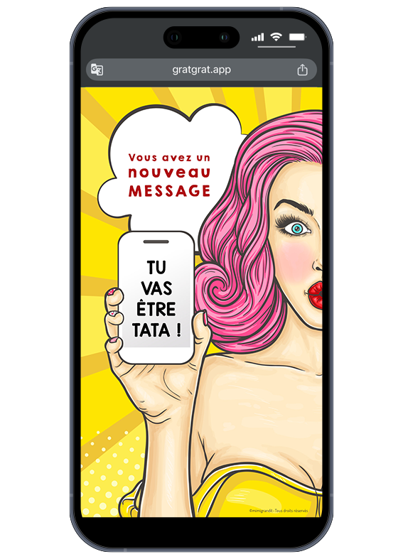 Révélation de grossesse originale pour future tata en format Pop Art virtuel. Carte à gratter numérique annonce grossesse Pop Art sur écran de téléphone avec le message Tu vas être tata.