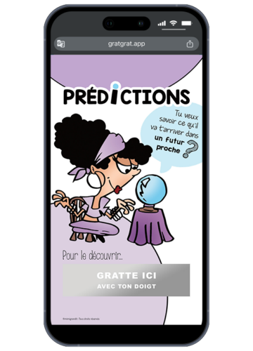 Écran de téléphone présentant une carte virtuelle annonce grossesse originale sur le thème de la voyance avant grattage avec une pastille argentée.