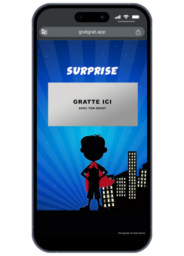 Écran de téléphone présentant une annonce grand frère numérique avant grattage avec zone grise gratte ici avec ton doigt.