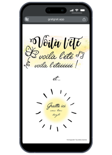 Écran de téléphone présentant une annonce grossesse été numérique avant grattage avec une zone jaune soleil portant la mention Gratte ici avec ton doigt.