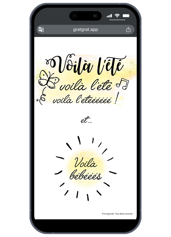 La double surprise estivale révélée : « Voilà bébééés ! ». Smartphone affichant le résultat d'une annonce grossesse été numérique de la collection Voilà l'été après grattage avec le message jumeaux Voilà bébééés.