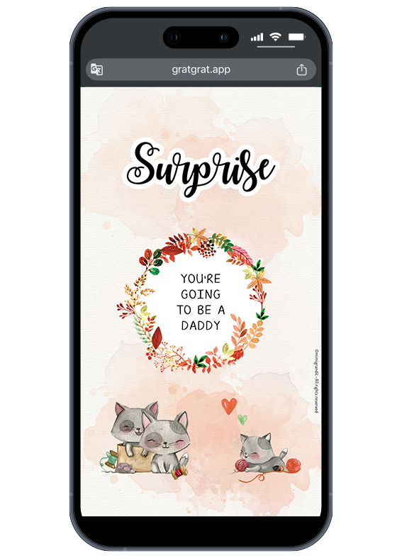 Écran de téléphone affichant une carte numérique avec un texte à l'aquarelle révélant "YOU'RE GOING TO BE A DADDY". Un smartphone gris foncé moderne affiche une carte à gratter d'annonce de grossesse numérique avec des chats à l'aquarelle et le texte "YOU'RE GOING TO BE A DADDY".