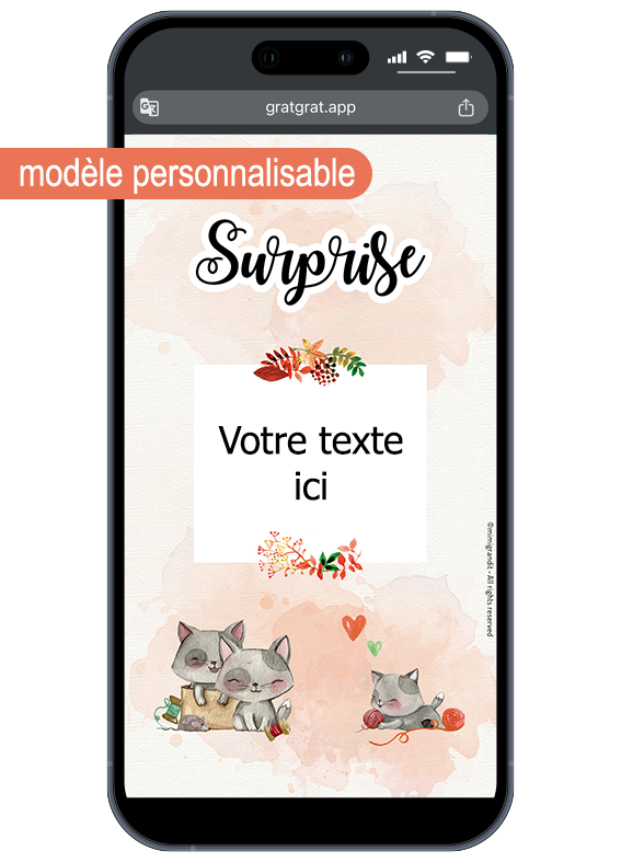 Aperçu de la carte numérique d'annonce de grossesse avec placeholder personnalisable. Un smartphone affichant une carte numérique personnalisable d'annonce de grossesse "Surprise" avec des chats mignons. Le placeholder central indique "Votre texte ici".