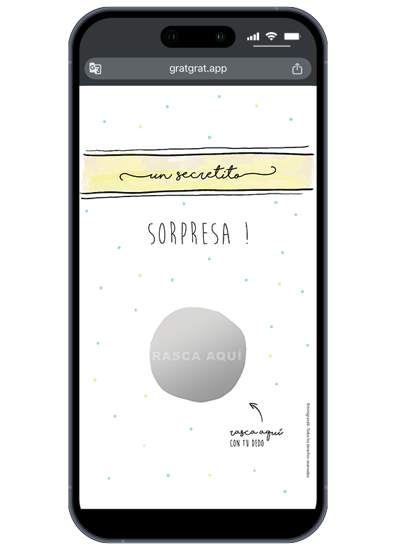Rendu sur smartphone d'une annonce grossesse espagnol numérique collection Un Secretito avec zone grise à gratter rasca aquí.