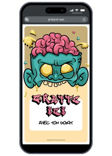 Invitation anniversaire zombie virtuelle affichée sur un smartphone avec un monstre graffiti et une zone blanche à gratter portant l'inscription Gratte ici avec ton doigt.