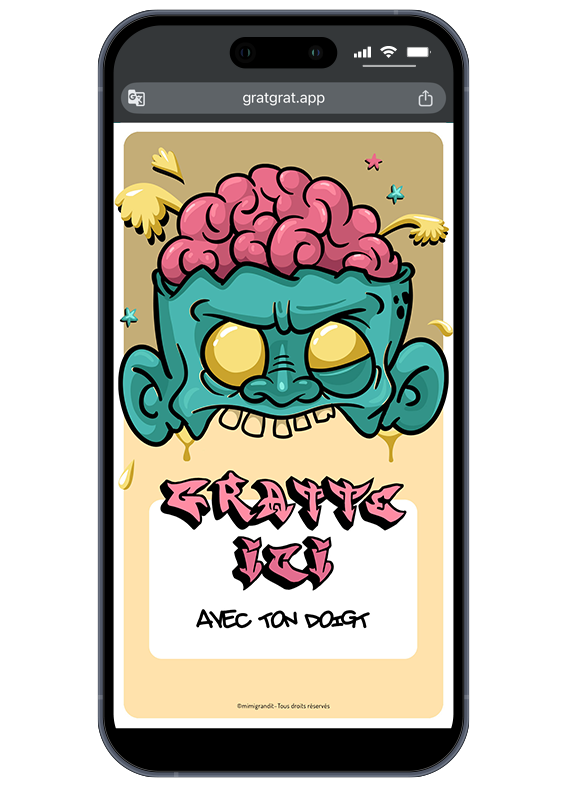 Invitation anniversaire zombie virtuelle affichée sur un smartphone avec un monstre graffiti et une zone blanche à gratter portant l'inscription Gratte ici avec ton doigt.
