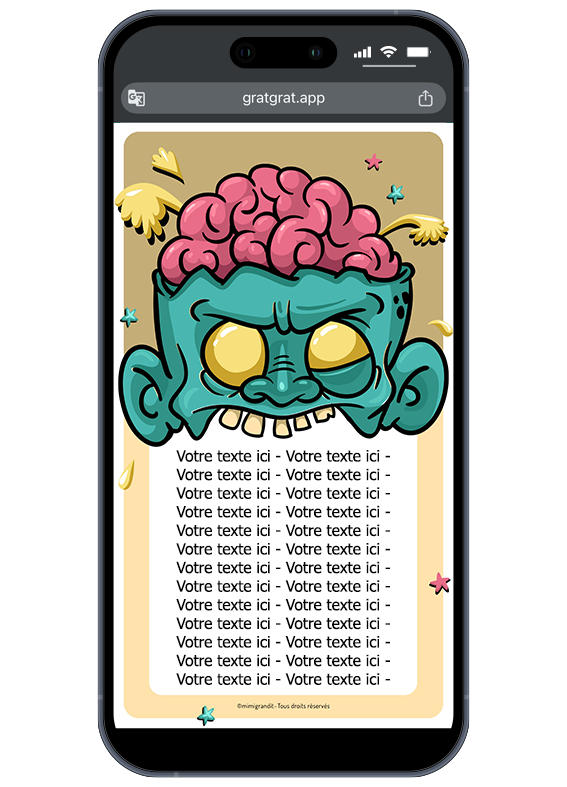 Rendu de la carte interactive après grattage avec l'emplacement du texte personnalisé. Carte invitation zombie numérique révélée après grattage sur l'écran d'un téléphone portable avec les zones de texte factices.