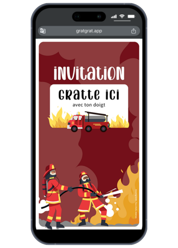 Invitation anniversaire pompier virtuelle affichée sur mobile avec deux pompiers, un camion et la zone Gratte ici avec ton doigt.