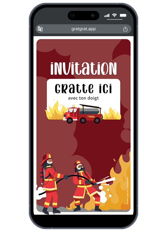 Invitation anniversaire pompier virtuelle affichée sur mobile avec deux pompiers, un camion et la zone Gratte ici avec ton doigt.