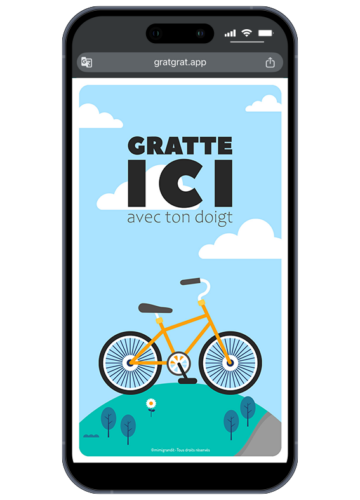 Invitation anniversaire vélo virtuelle affichée sur un smartphone avec un vélo jaune sur une colline et un nuage Gratte ici avec ton doigt.