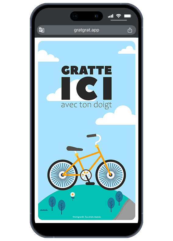 Invitation anniversaire vélo virtuelle affichée sur un smartphone avec un vélo jaune sur une colline et un nuage Gratte ici avec ton doigt.