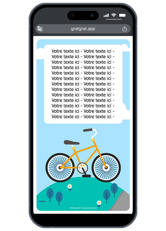 Gabarit de la carte d'invitation magique nature affichant la zone de texte blanche épurée. Carte invitation vélo numérique révélée après grattage sur l'écran d'un téléphone portable avec l'emplacement pour le texte personnalisé.