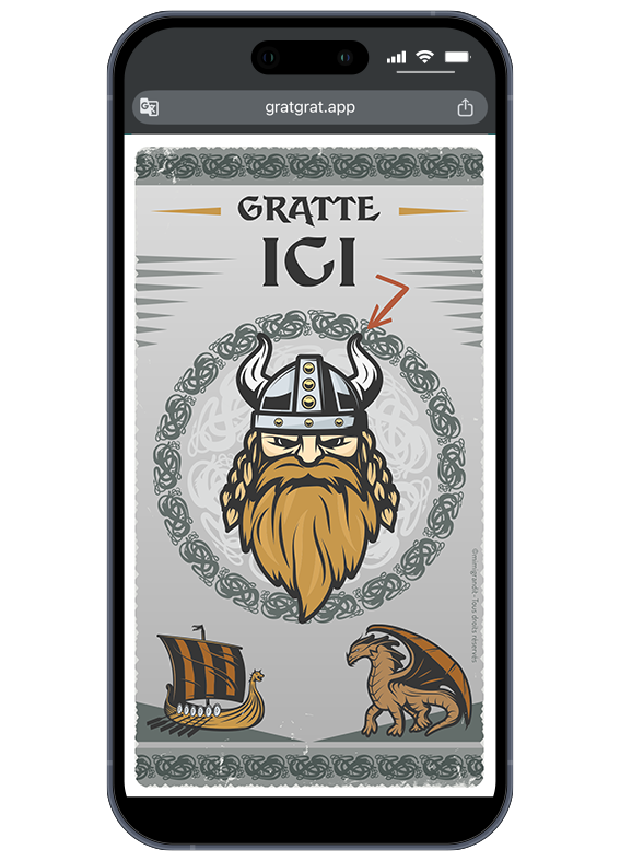 Invitation anniversaire viking virtuelle sur smartphone avec un chef viking barbu, un drakkar et un dragon.