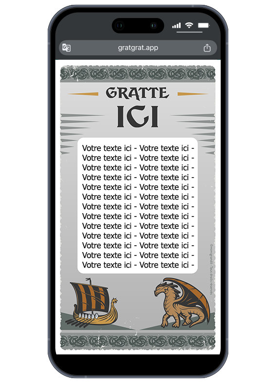 Gabarit de la carte d'invitation magique viking après effacement. Carte invitation viking numérique révélée après grattage sur un écran de téléphone portable avec la zone de texte personnalisable.