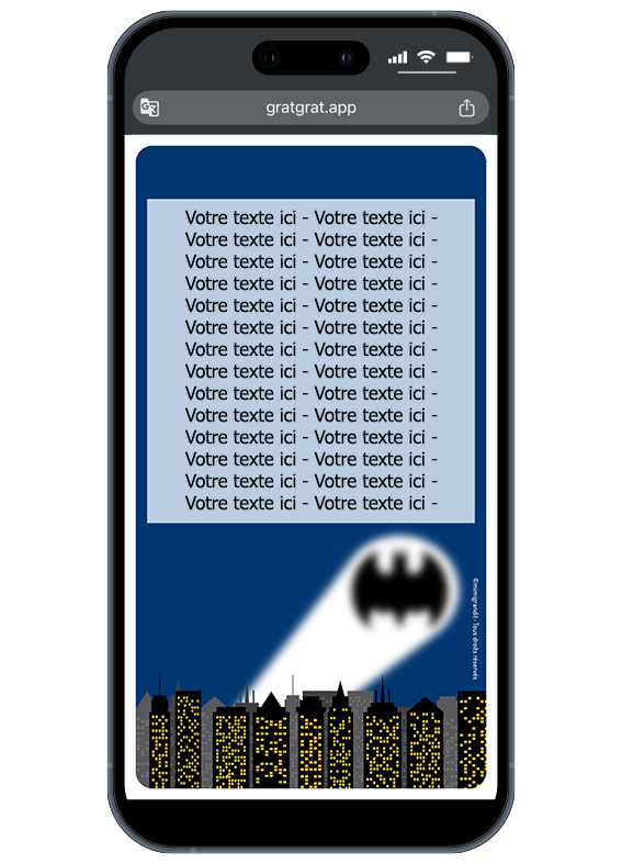 Rendu final de l'invitation dématérialisée après grattage avec l'emplacement réservé au texte personnalisé. Carte invitation numérique super-héros révélée sur un écran de téléphone portable avec un faisceau lumineux projetant une ombre de chauve-souris sur le ciel nocturne.