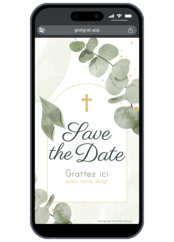 Save The Date religieux virtuel à gratter avec croix catholique dorée et eucalyptus aquarelle