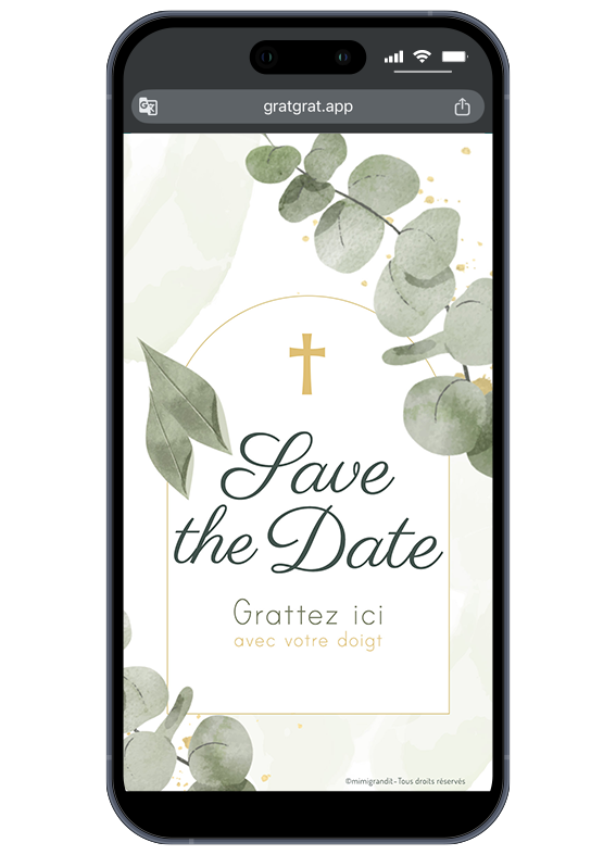Annoncez la date d'un baptême ou d'une communion avec une carte virtuelle élégante. Save The Date religieux virtuel à gratter avec croix catholique dorée et eucalyptus aquarelle