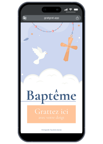 Invitation baptême virtuelle à gratter avec colombe blanche, chapelet et nuages bleus