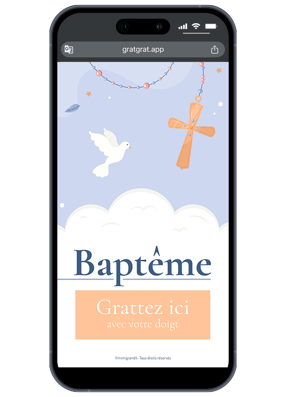 Invitation baptême virtuelle à gratter avec colombe blanche, chapelet et nuages bleus